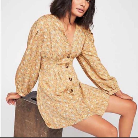 Free People Gold Floral Button Up Mini Dress - Picture 1 of 9